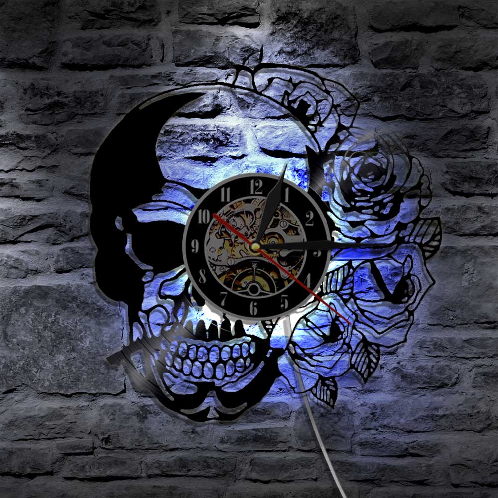 1Piece Hippie Skull With Rose Vinyl Record Wall Clock Modern Design Home Decor Wall Watch For Halloween Gift