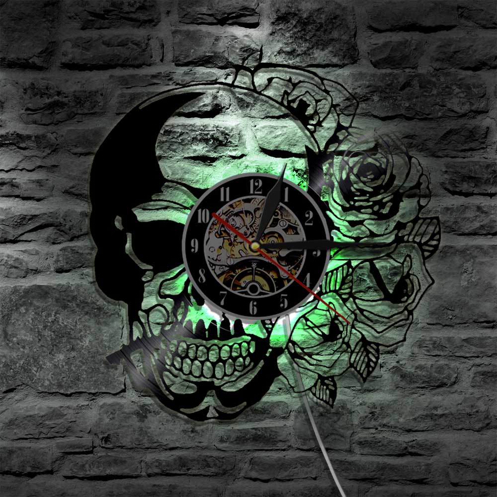 1Piece Hippie Skull With Rose Vinyl Record Wall Clock Modern Design Home Decor Wall Watch For Halloween Gift
