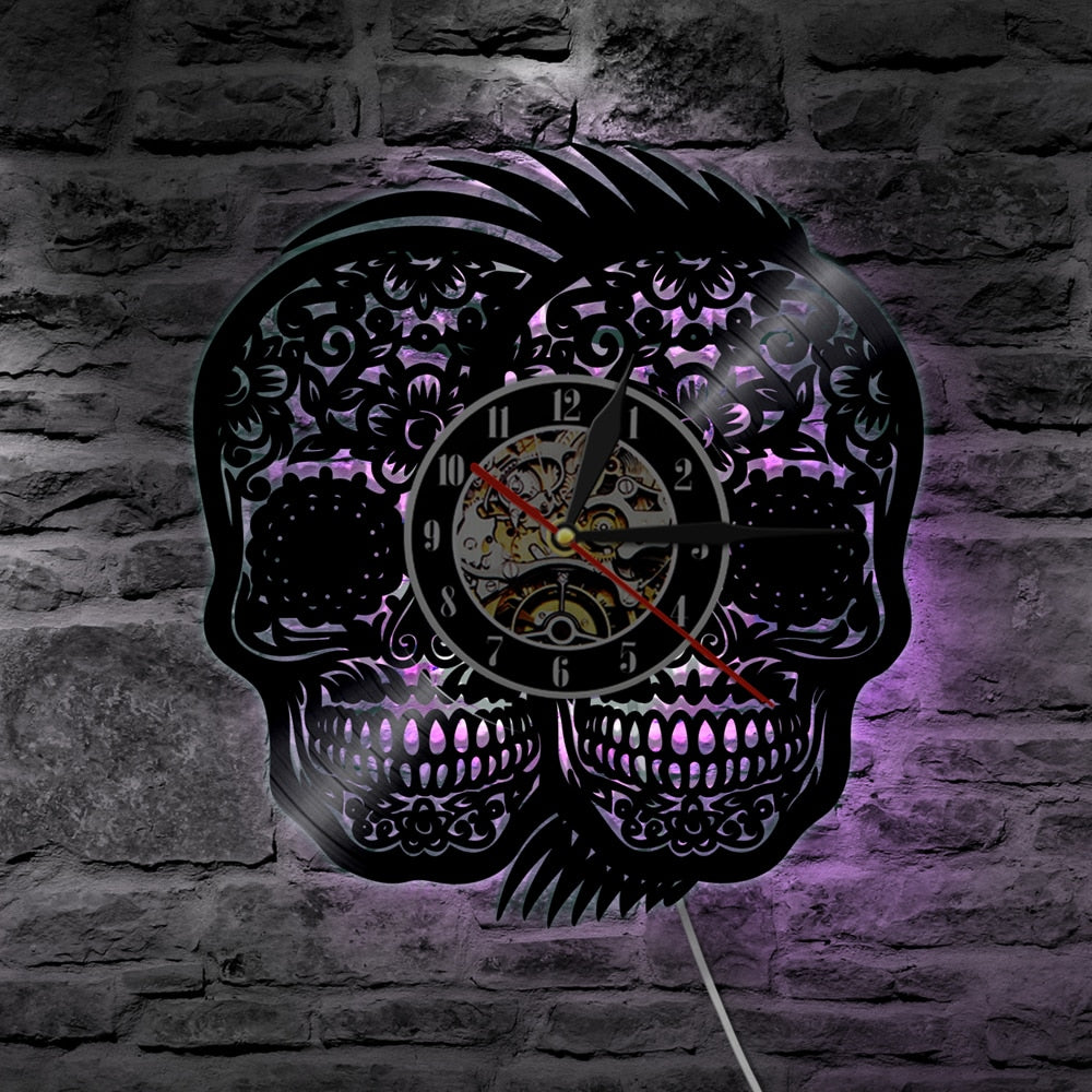 Sugar Skulls Color Changing Vinyl Record Wall Clock Modern Clock