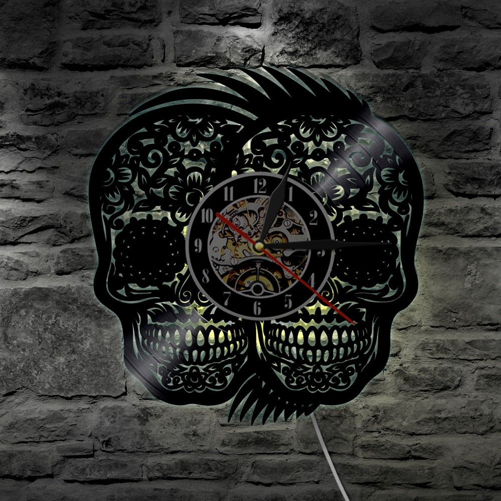 Sugar Skulls Color Changing Vinyl Record Wall Clock Modern Clock