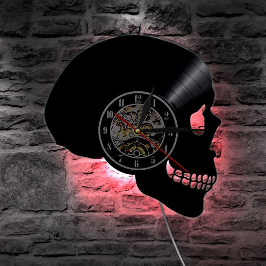 1Piece Skull Head Vinyl Record Wall Clock With Color Change Halloween Horror Skeleton Head Silhouette Wall Lamp Decorative Light