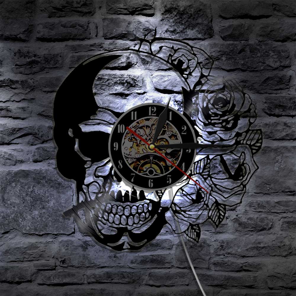 Skull With Rose Vintage Vinyl Record Wall Clock With LED