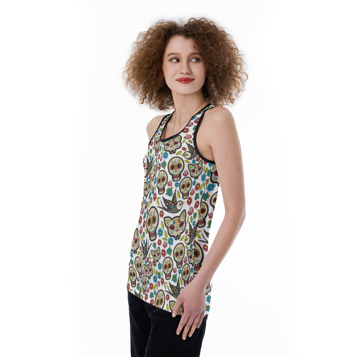 Sugar skull skeleton Women's Back Hollow Tank Top, Halloween skeleton skull women's tank tops