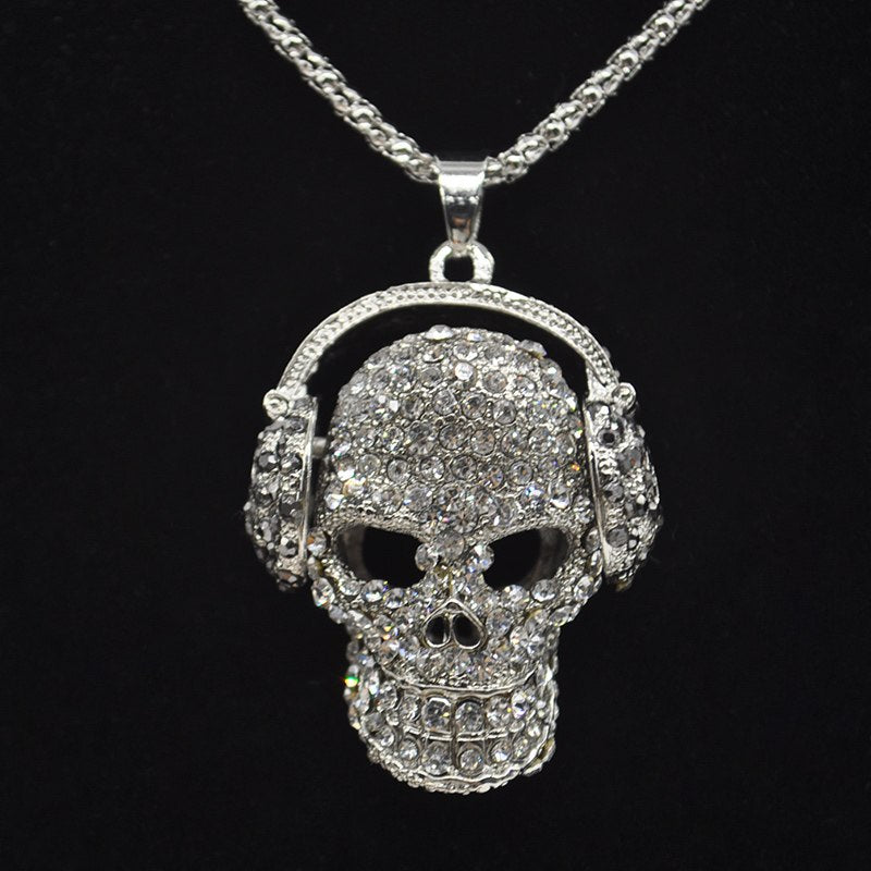 Mens Women skull pendant necklace fashion full crystal headphones punk necklace jewelry Clothing Accessories F60SS1001W