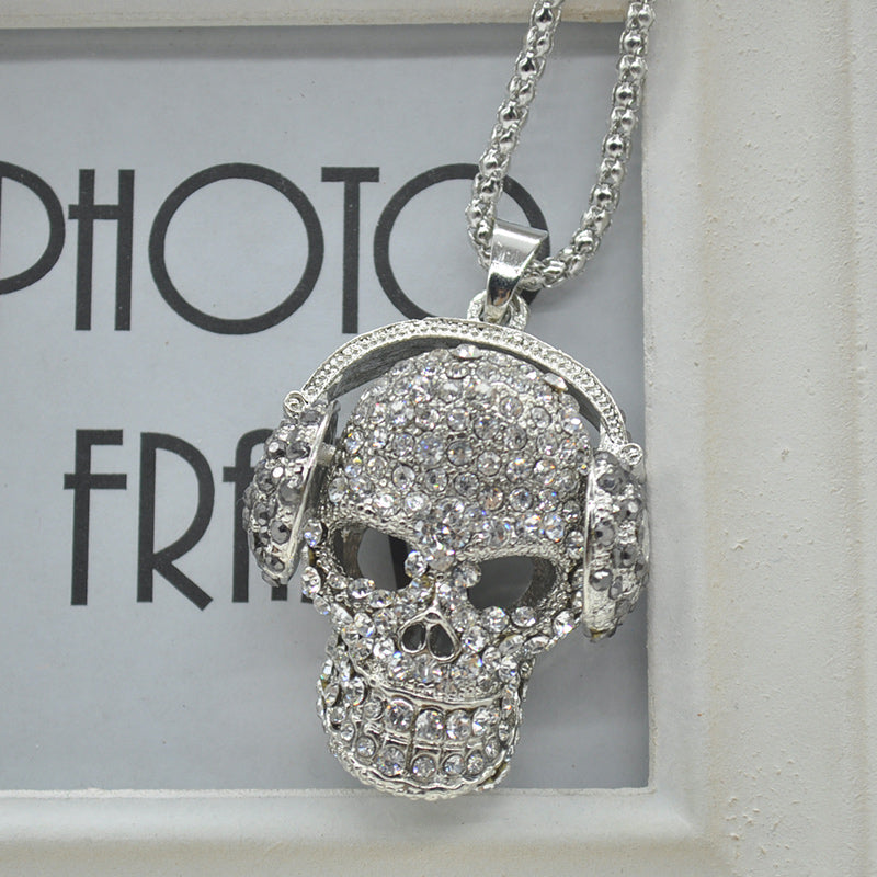 Mens Women skull pendant necklace fashion full crystal headphones punk necklace jewelry Clothing Accessories F60SS1001W