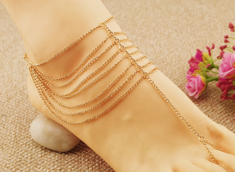 Hot sales*New Beach Fashion Multi Tassel Toe Bracelet Chain Link Foot Jewelry Anklet