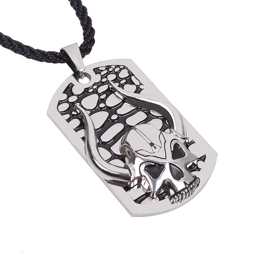 New Biker Men's Black Military Necklace Silver Tone Skull Pendant Necklace Mens Collier Acer for Wintage Costume Jewelry