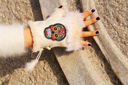 Vintage Ethnic Gloves Embroidery Skull  winter Gloves Female half finger Mittens