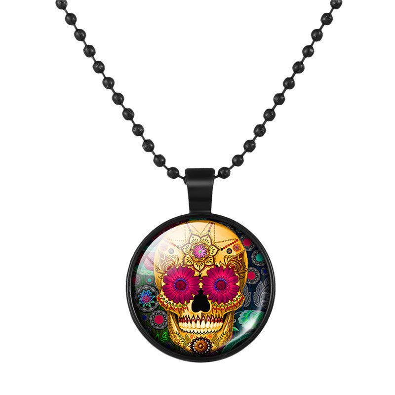 Classic Mexico Sugar Skull Pendants Necklace Vintage Jewelry Glass Cabochon Statement Necklace For Women Gift 1PC