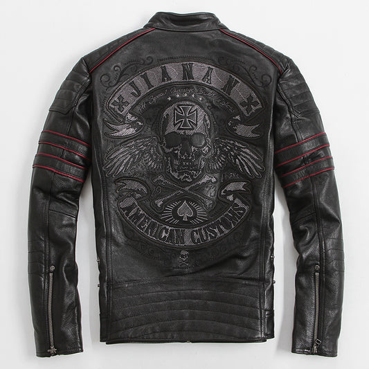 Men Black Skull Embroidery Leather Motorcycle Jacket  Real Thick Cowhide Slim Leather Coat
