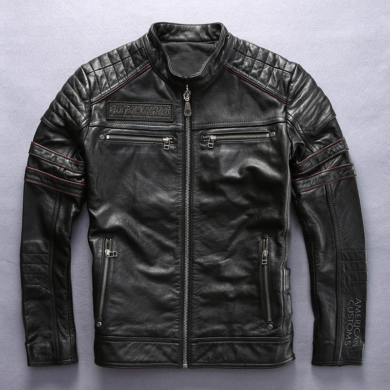 Men Black Skull Embroidery Leather Motorcycle Jacket  Real Thick Cowhide Slim Leather Coat