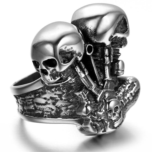Motor Biker Engine Ring 316L Stainless Steel Mens Women Fashion Biker Double Skull Engine Biker Ring