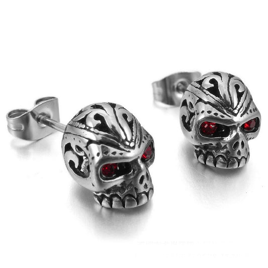 New Cool Men Punk Rock Red Eyes Skeleton Skull Stainless Steel Stud Earrings Fashion Women Jewelry