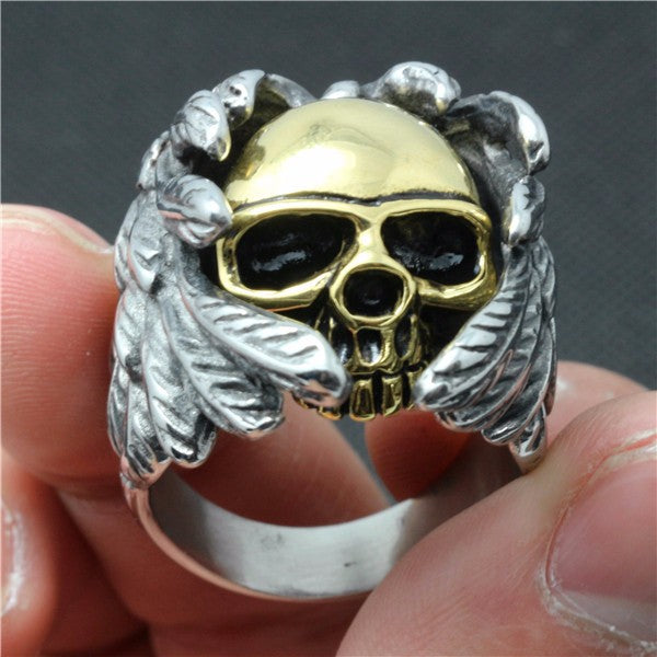 New Cool Style Golden Silver Skull Ring With Wings 316L Stainless Steel Mens Fashion Motor Biker Skull ring