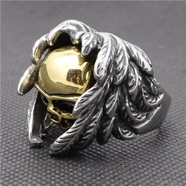 New Cool Style Golden Silver Skull Ring With Wings 316L Stainless Steel Mens Fashion Motor Biker Skull ring