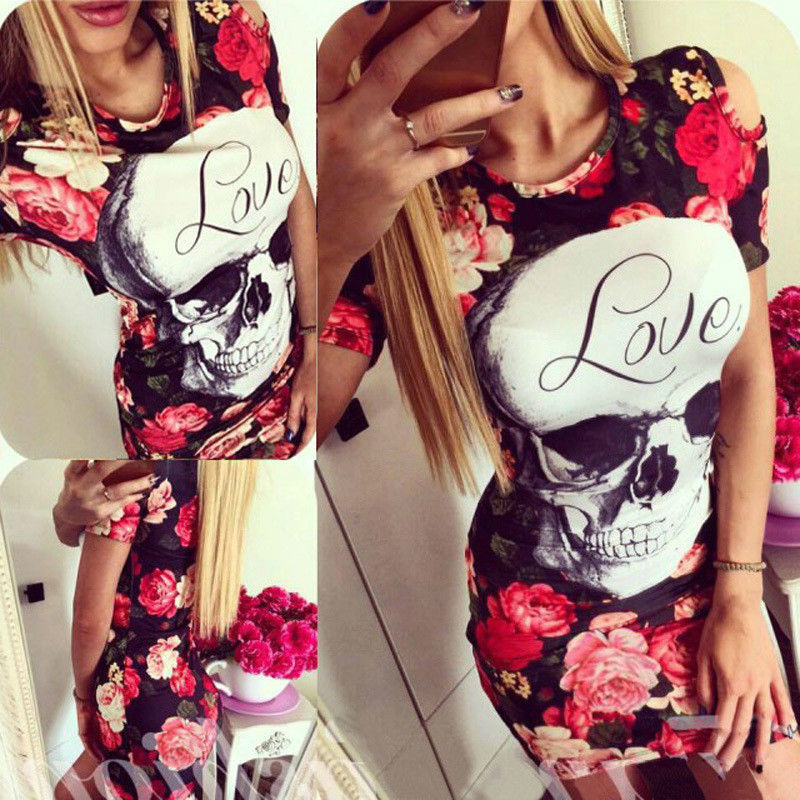 Love Red Flower Dress Women Sexy Sheath Short Sleeve Wrap Bodycon Dress