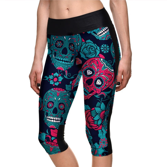New Women Yoga Pants High Waist Blue Skull Printed Lady Leggings Tracksuit Running Fitness Gym Halloween Women Capris