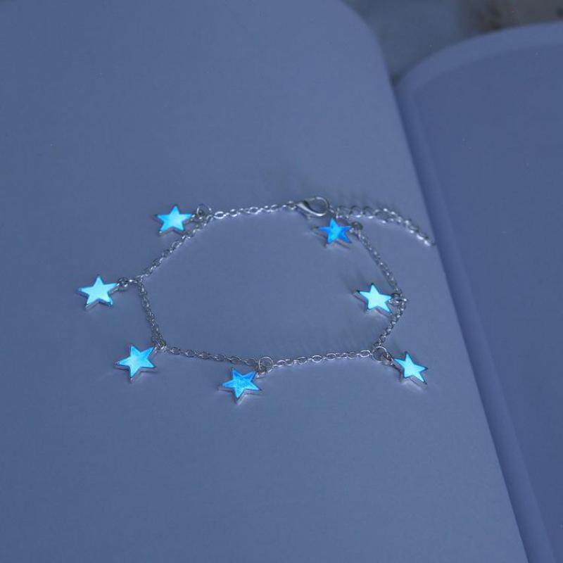 Luminous Ladies Beach Winds Blue Pentagon Star Tassel Anklet Silver Chain Anklets For Women Barefoot Sandals