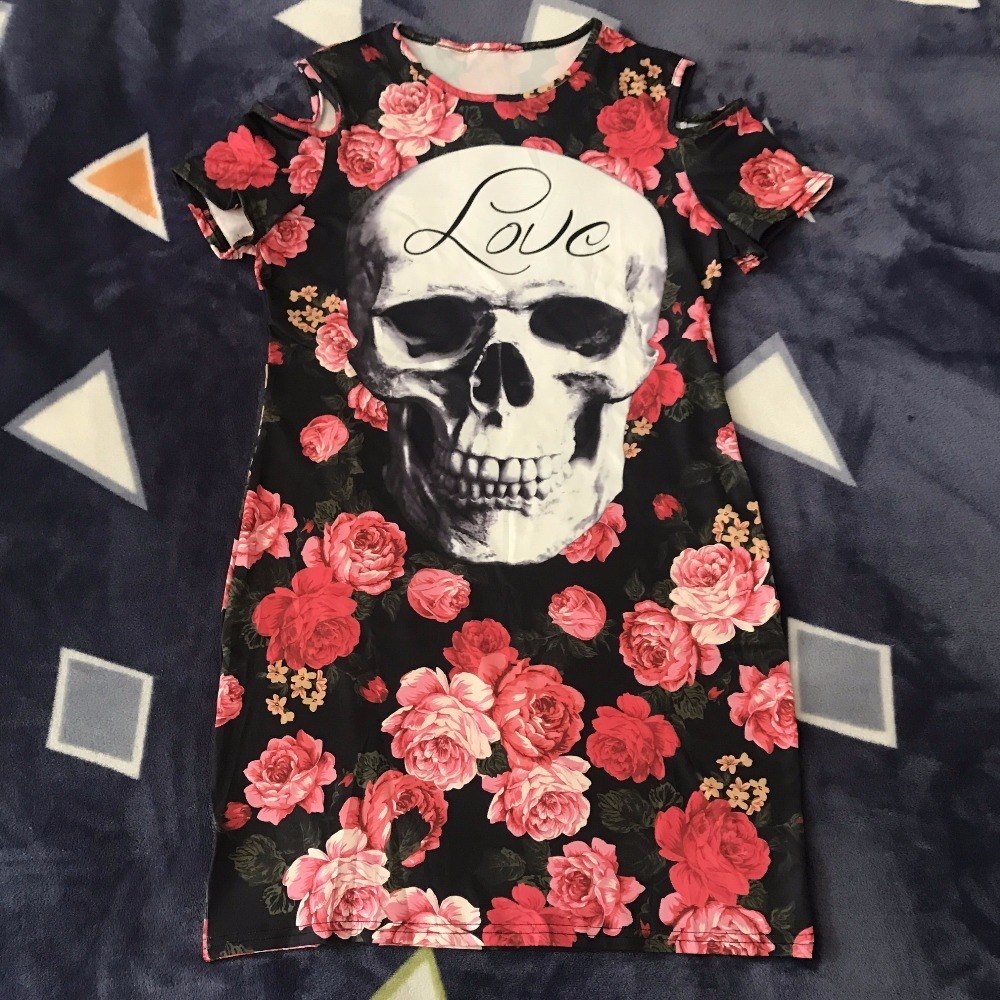 Newest Floral Print Skull Women's Summer Dress Sexy Hollow Cut Sheath Short Sleeve Bodycon Casual Mini Club Vestidos