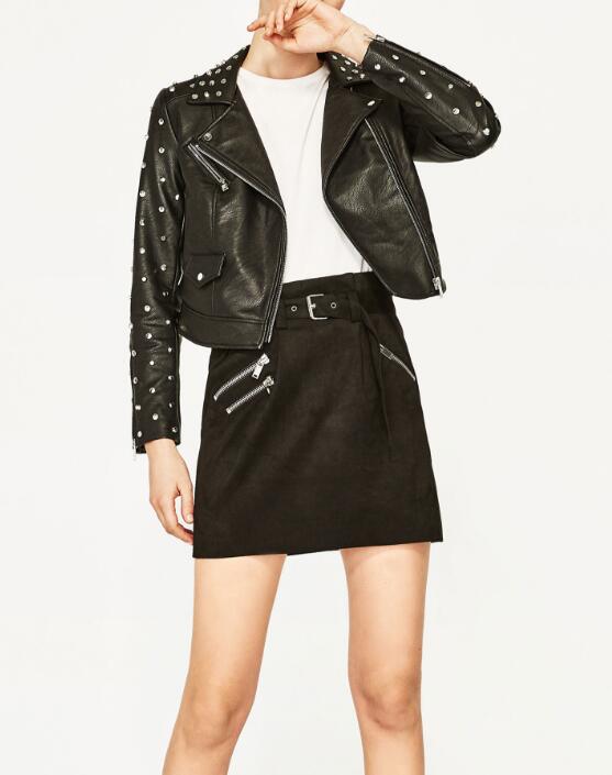 Spring Black Studded Short Faux Leather Jacket Lapel Collar Long sleeves with zips Back With Skull Embroidery Biker JACKETS
