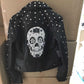 Spring Black Studded Short Faux Leather Jacket Lapel Collar Long sleeves with zips Back With Skull Embroidery Biker JACKETS