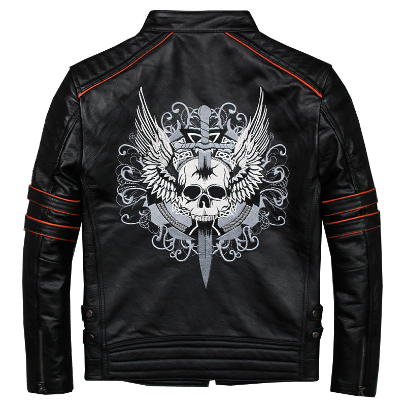 Black Men Skull Embroidery Biker Leather Jacket Plus Size 3XL Genuine Cowhide Short Motorcycle Leather Coat