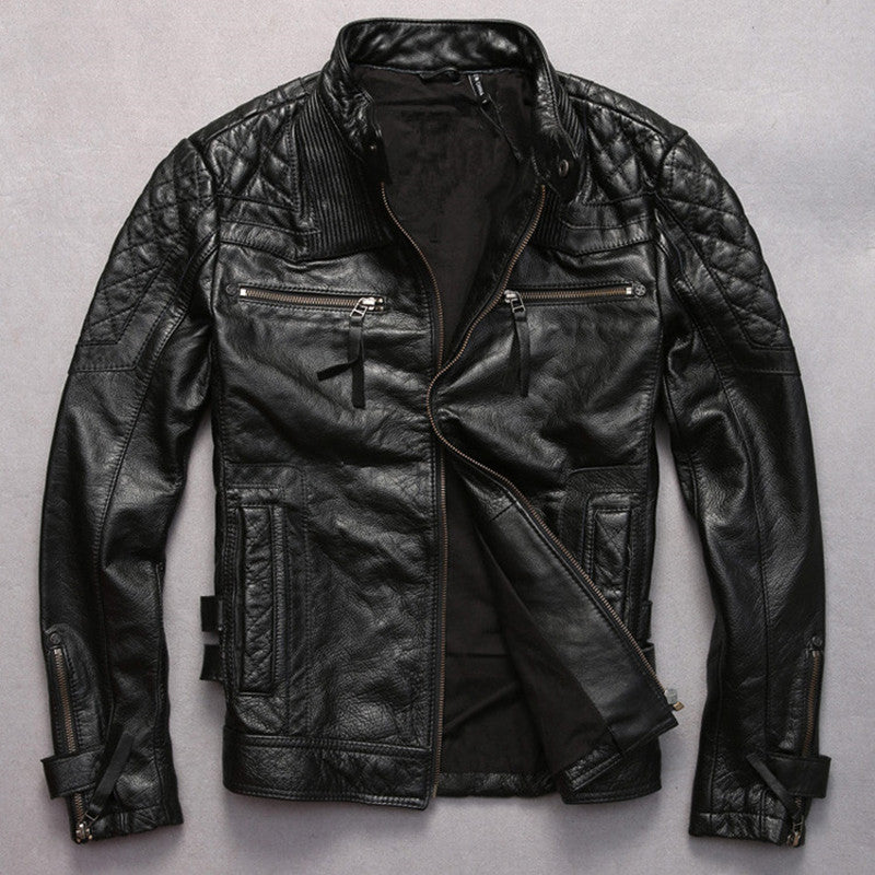 Black Men Skull Pattern Biker's Leather Jacket Plus Size 3XL Genuine Cowhide Slim Fit Motorcycle Leather Coat