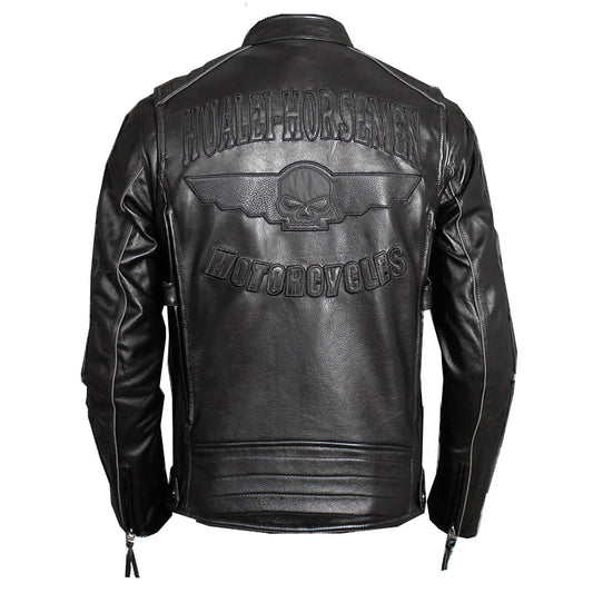 Black Men Slim Fit Biker's Leather Jacket Plus Size XXXL Genuine Thick Cowhide Short Skulls Motorcycle Coat