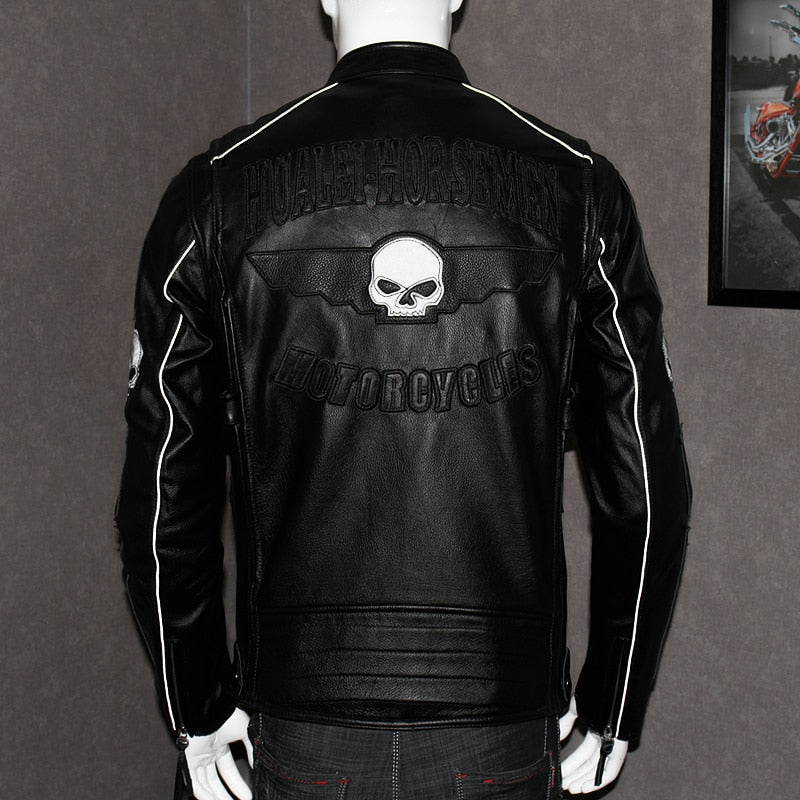 Black Men Slim Fit Biker's Leather Jacket Plus Size XXXL Genuine Thick Cowhide Short Skulls Motorcycle Coat