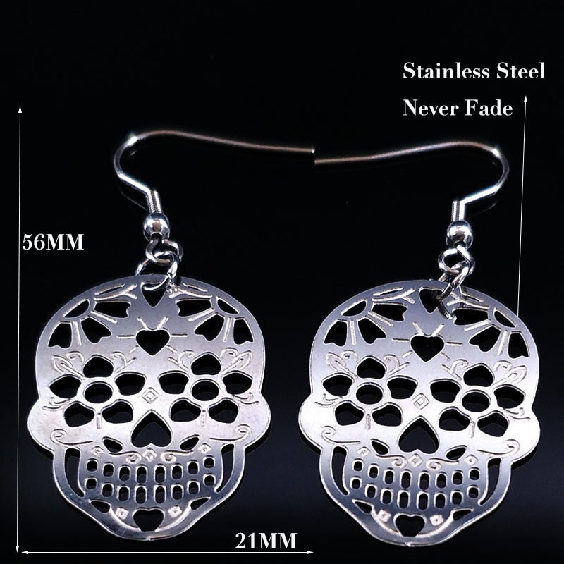 Fashion Hollow Stainless Steel Statement Earrings for Women Skull Silver