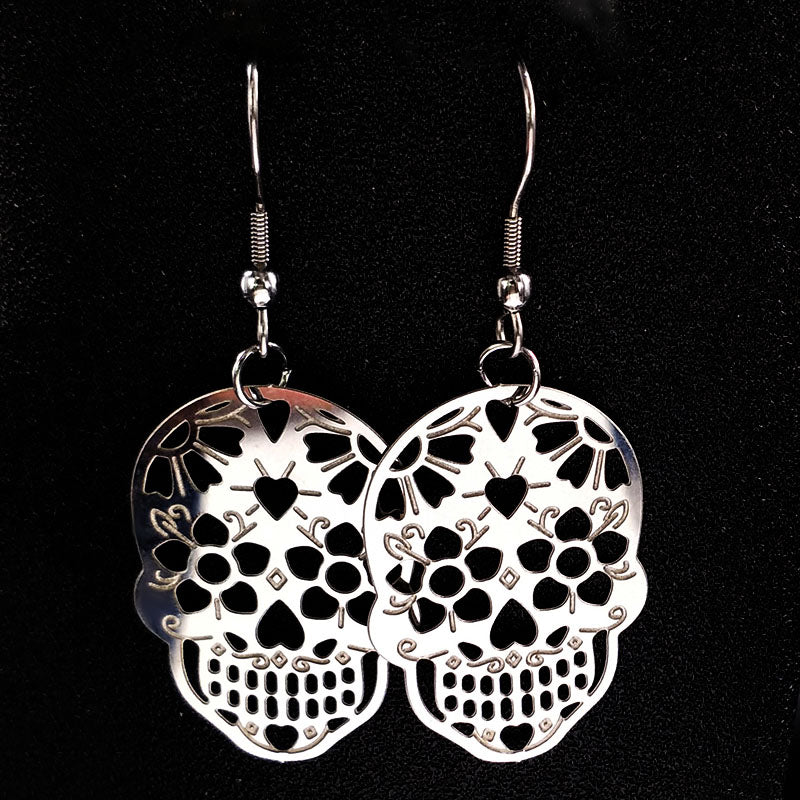 Fashion Hollow Stainless Steel Statement Earrings for Women Skull Silver