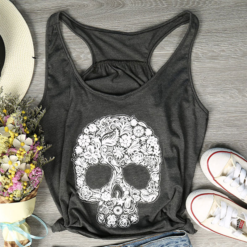 Fashion Tank Tops Women Floral Shugar Skull Print Tank Tops Female Sleeveless Loose Summer Casual Dark Grey Ladies Tops