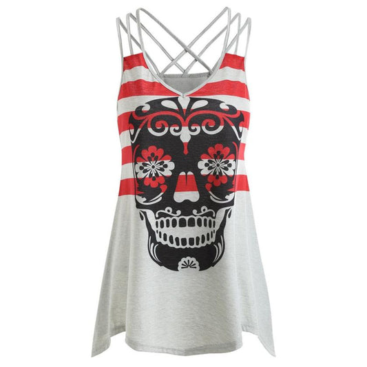 New Arrival Hot Sale Summer Women Fashion Sexy Vest Skull Striped Print Sleeveless Cut Out Strap Tank Tops Shirt free ship