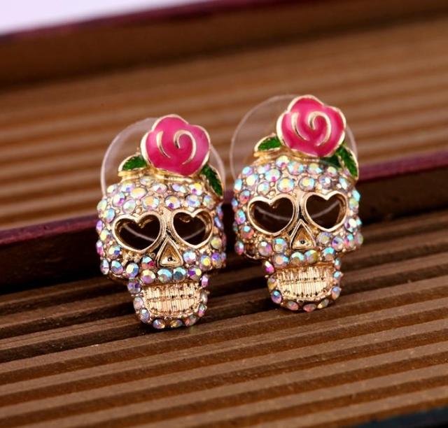 New Arrivals European and American Fashion Roses Skull Head Brincos Oorbellen Colored Crystal Stud Earrings Women Jewelry