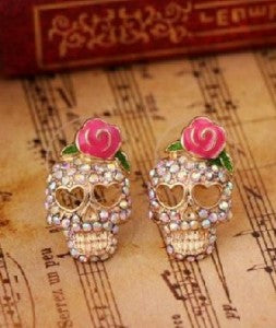 New Arrivals European and American Fashion Roses Skull Head Brincos Oorbellen Colored Crystal Stud Earrings Women Jewelry