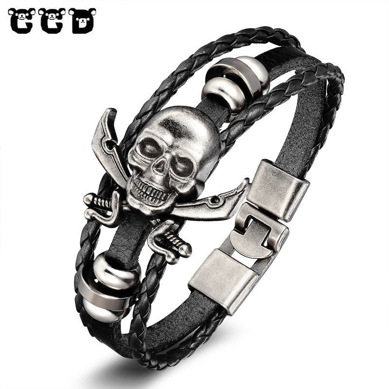 New Fashion 3 layer Leather Skull Bracelets&Bangles Handmade Round Rope Turn Buckle Bracelet For Women Men Charm bracelet