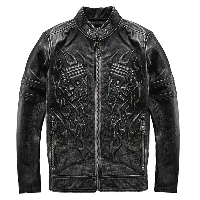 New Men Vintage Skulls Genuine Leather Motorcycle Jackets Black Stand Collar Cowskin Slim Fit Men Winter Biker Coats