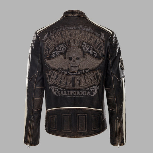 New Vintage Black Motorcycle Leather jacket Men Back skull Embroidery Thick Cowskin Biker Jacket Winter Coats S-XXXL