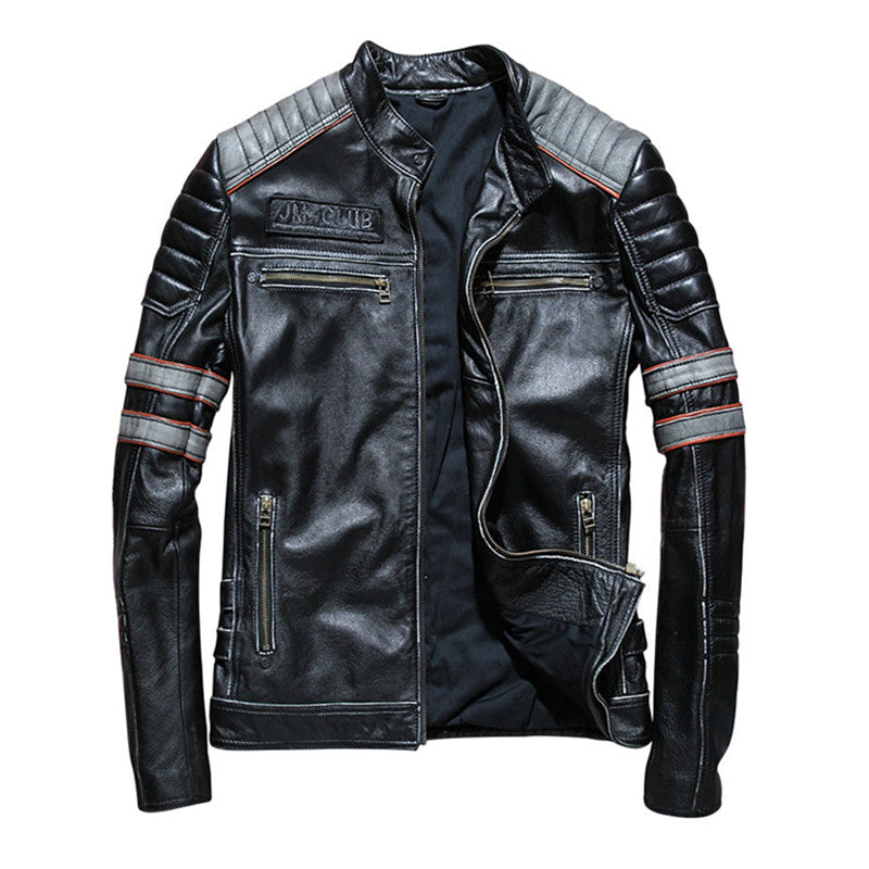Vintage Black Men Skull Embroidery Biker's Leather Jacket Plus Size 3XL