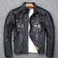Vintage Black Men Skulls Biker's Leather Jacket Plus Size 4XL Genuine Thick Cowhide Slim Fit Motorcycle Coat