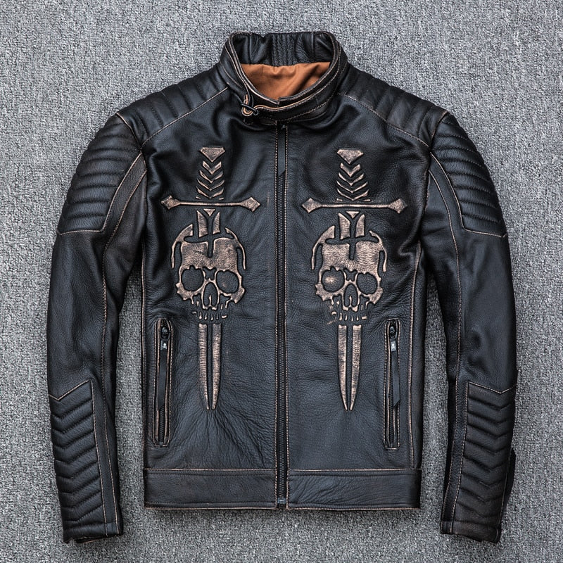 Vintage Black Men Skulls Biker's Leather Jacket Plus Size 4XL Genuine Thick Cowhide Slim Fit Motorcycle Coat