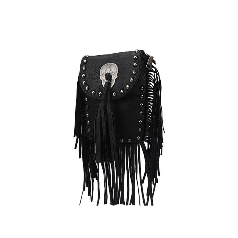 women black tassel bag classic flap bag PU leather small shoulder crossbody bags for women Rivets Skull clutch handbag