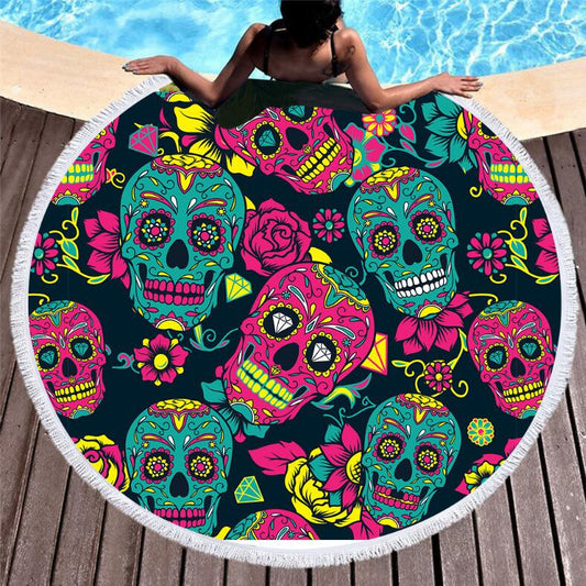 Sugar Skull Colorful Round Beach Towel