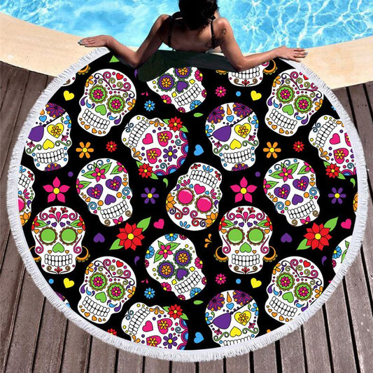 Sugar Skull Colorful Round Beach Towel Floral