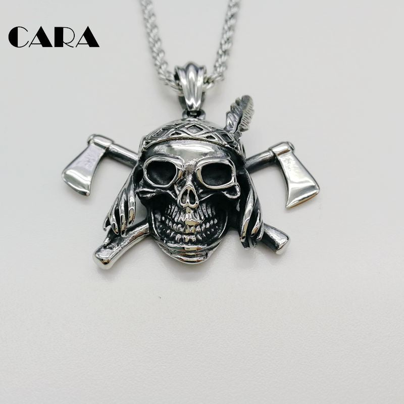 Feather skull pendant necklace 316L Stainless steel