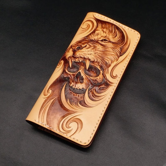Handmade Wallets Carving Lion Skull Purses Men Long Clutch Vegetable Tanned Leather Wallet Card Holder