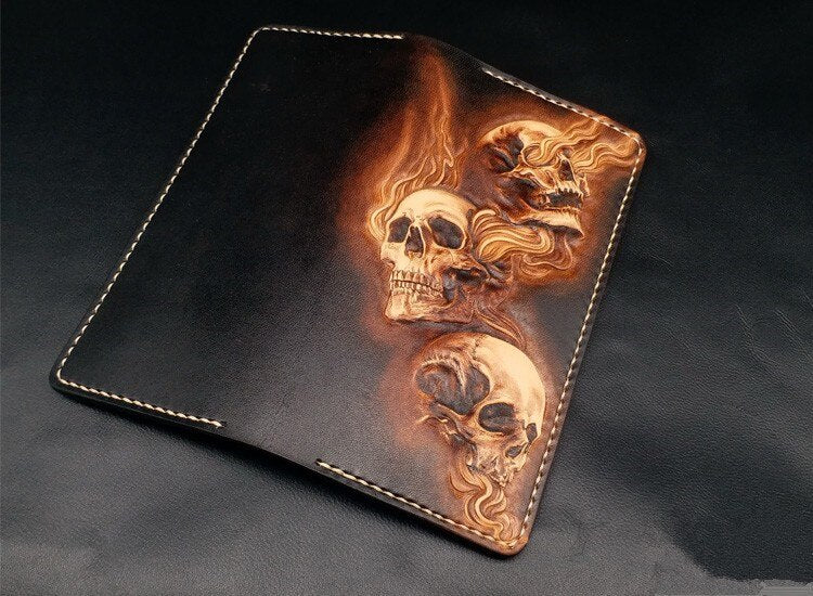 Handmade Wallets Carving Three Skulls Purses Men Long Clutch Vegetable Tanned Leather Wallet Card Holder