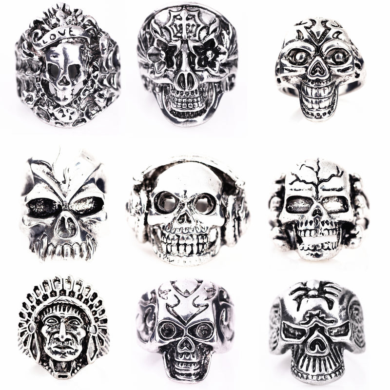 20pcs Skull Ring Punk Vintage skeleton metal zinc alloy silver mens womens mixed rings Jewelry