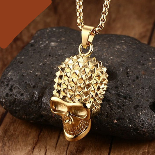 Mens Pyramid Spikes Skull Stainless Steel Pendant Necklace Gold-color Punk Rock Biker Halloween Jewelry Gift ,with 24 inch Chain