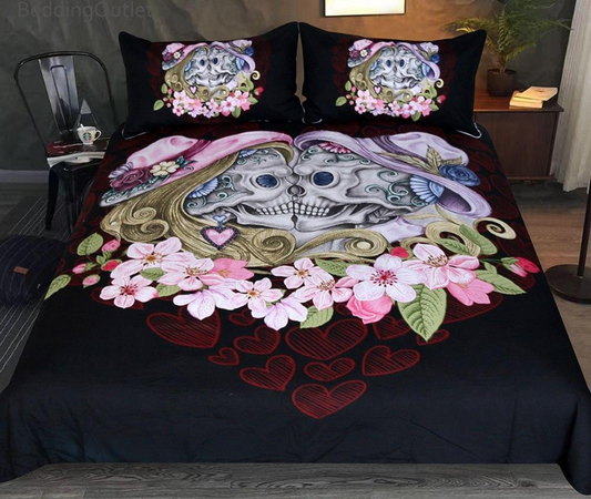 Skull Couples Bedding Set Queen Boy Girls Gothic Duvet Cover Black Bedclothes Pink Flowers Love Bed Set 3-Pieces